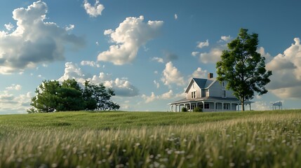 Wall Mural - Scenery including a sizable rural home big grass freshly mowed blue sky