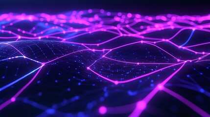 Wall Mural - Abstract digital landscape with glowing purple and blue lights creating a mesmerizing networked pattern on a dark background.