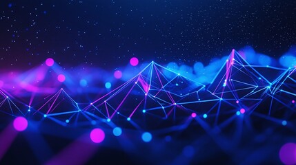 Poster - Abstract digital landscape with vibrant nodes and interconnected lines, representing data flow and technology innovation.