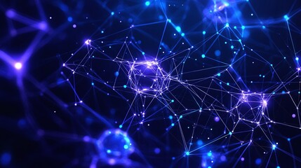 Poster - Abstract digital network with glowing nodes and connections, symbolizing technology and data transfer in a futuristic setting.