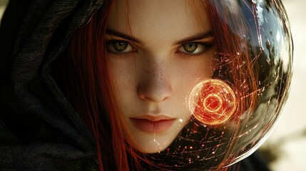 Sticker - Woman with Red Hair Looking at Camera with a Glowing Orb in Background