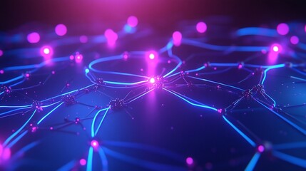 Poster - Abstract digital network with glowing nodes and interconnected lines, showcasing a vibrant technology theme.