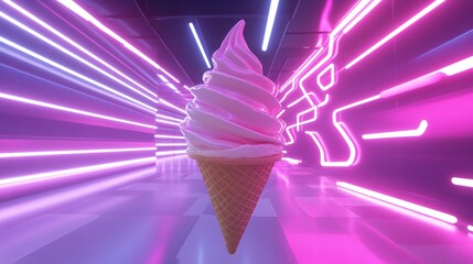 Sticker - Pink and white ice cream cone in a futuristic neon room.