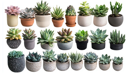 A set of different types of succulents in pot, on white background