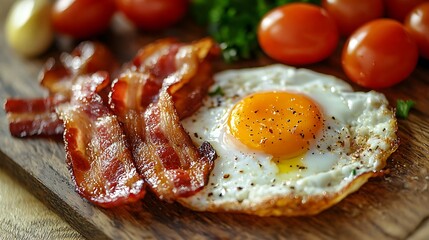 A delicious breakfast featuring crispy bacon, perfectly fried egg, and fresh cherry tomatoes on wooden board. This vibrant dish is sure to delight any food lover. 