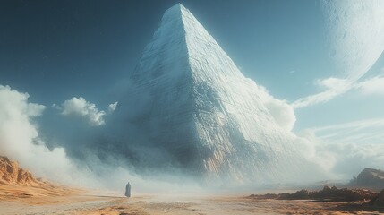 Poster - A Lone Figure Contemplates a Giant Pyramid in a Surreal Desert Landscape