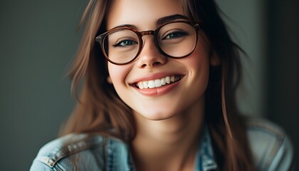 Canvas Print - Joyful young woman happily adjusting her glasses