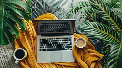 Aufkleber - A warm and inviting workspace features a laptop surrounded by coffee cups and lush green plants, creating a relaxing atmosphere for productivity and creativity.