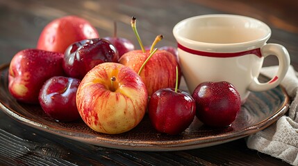 Wall Mural - Serve a platter of fresh cut apples and plums with a cherry next to a cup