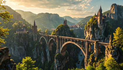 Wall Mural - Pont médiéval entre les montagnes au coucher du soleil