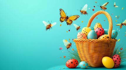 Wall Mural - Happy Easter! Big sale featuring a basket brimming with colorful eggs and exquisite butterflies.