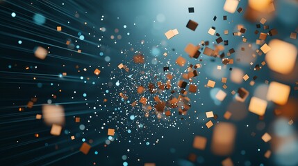 Poster - Golden Data Stream: A mesmerizing 3D render of golden cubes flowing through a digital stream, embodying the essence of data in motion. 