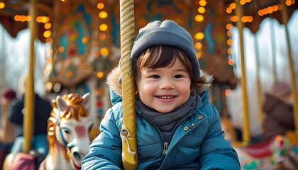 Wall Mural - Joyful child enjoying the carousel ride in a vibrant park setting