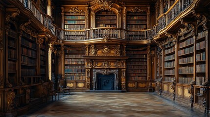  Ornate Library Interior with Bookshelves and Fireplace