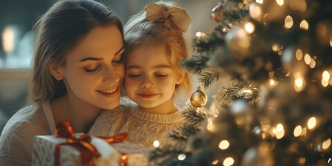 Merry Christmas happy family mother and daughter decorate a Christmas treewith magic gift near tree at a home