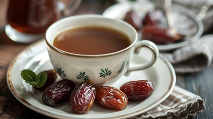 Wall Mural - Served dry dates with a cup of chai on a teaspoon