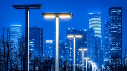 Illuminated City Skyline at Night with Glowing Skyscrapers and Street Lamps