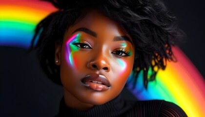 Wall Mural - Vibrant portrait of an African American girl illuminated by rainbow colors against a dark backdrop