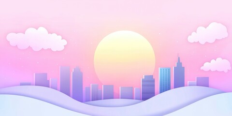 art of city skyline during sunset, big sun on colorful sky background