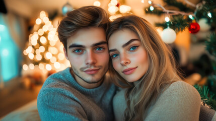 Wall Mural - Young couple with blue eyes cuddling during the festive season, surrounded by holiday lights and decorations.