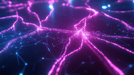 Wall Mural - Vibrant abstract representation of neural connections with glowing pink and blue nodes on a dark background.