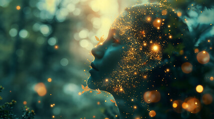 A double exposure of an abstract woman's head made from glowing fireflies and flowers, creating beautiful bokeh in the background, with a blurred nature scene in a forest 