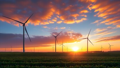 Sustainable future: wind turbine silhouetted against a vibrant sunset sky