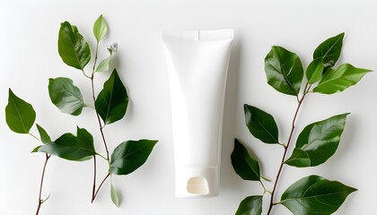 Wall Mural - Elegant white cream tube mockup surrounded by delicate leaves on a pristine white background