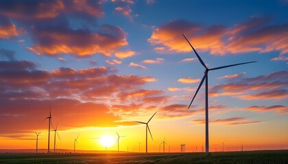 Sustainable future: wind turbine silhouetted against a vibrant sunset sky