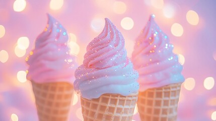 Poster - Three pink ice cream cones with sprinkles on a light pink background.