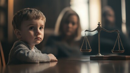 Cute child and mother at table with gavel of judge blurred in background, family law concept