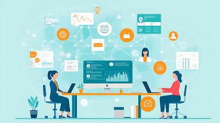 Wall Mural - Customer Relationship Management (CRM) Systems, customer relationship management (CRM) systems with an image depicting marketers managing customer data, AI