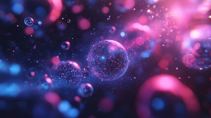 Vibrant particles floating in a cosmic space, showcasing colorful light effects and a sense of depth and movement in the universe.