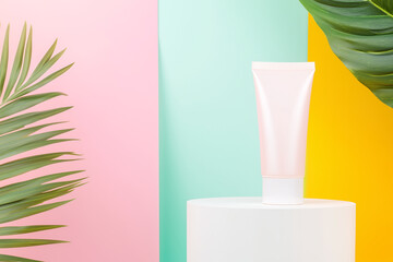 white matte mockup of a cosmetic cream tube on a podium with a bright geometric modern background