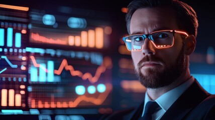 Confident businessman analyzing financial data on a digital screen. Innovative technology and strategic decision-making are highlighted.