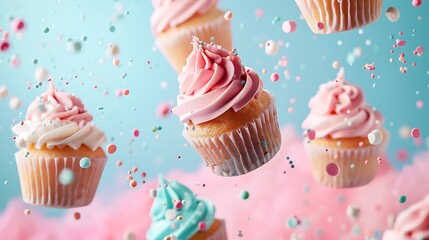 Wall Mural - Several cupcakes in flight and falling over a background of pastel pink and blue