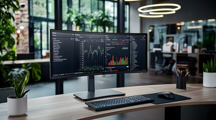 Poster - Modern office workspace, clean desk, sleek technology, organized files, vibrant plants, bright atmosphere, conducive to productivity and creativity