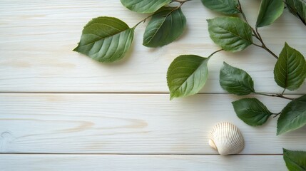 Canvas Print - Serene Nature's Sanctuary: Green Leaves and Seashell