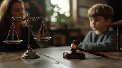 Cute child and mother at table with gavel of judge blurred in background, family law concept