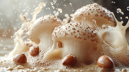 Wall Mural - Mushrooms and Nuts in a Creamy Foam Splash