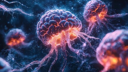 Wall Mural - a futuristic visual representation of how ms causes the brain to atrophy over time, showing shrinkin