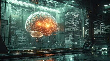 Wall Mural - a futuristic visual representation of how ms causes the brain to atrophy over time, showing shrinkin