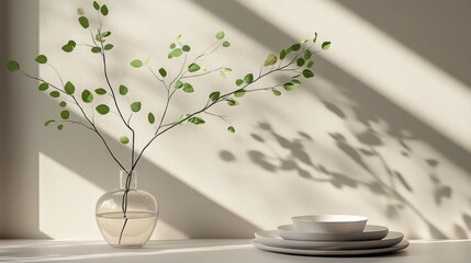 Canvas Print - A serene arrangement of a vase with branches and plates.