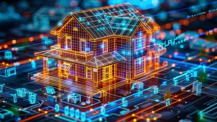 Aufkleber - A detailed digital model of a house is displayed on a vibrant backdrop of circuitry and glowing lines, illustrating the blend of architectural design and advanced technology.