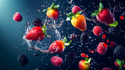 Fresh ripe raspberries and blueberries with white background, isolated