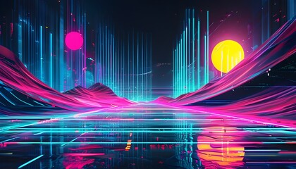 Vibrant abstract digital landscape illuminated by neon lights and interconnected data points