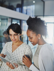 Poster - People, tablet and reading in office building for information, project feedback and schedule for day. Women, tech and discussion in lobby for marketing strategy, review and report in creative agency