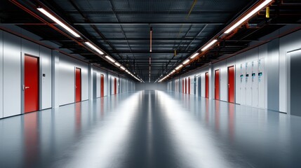 Modern Industrial Corridor with Red Doors and Clean Lines