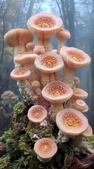 Wall Mural - Pink and Orange Mushrooms in a Mossy Forest