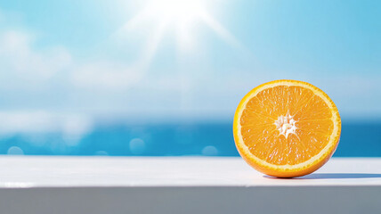 orange rests on white table, with bright blue ocean and sunlit sky in background, evoking refreshing and cheerful atmosphere